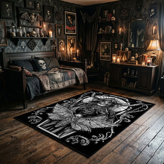 Ornamental Horned Figure Area Rug wide room view with Halloween decorations