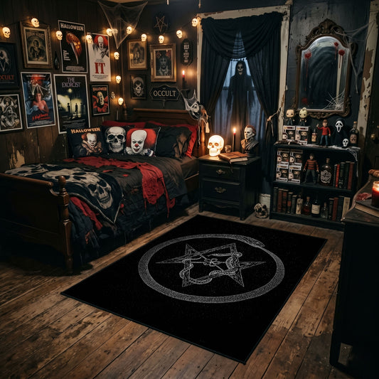 Circular Horned Star Area Rug styled in a gothic bedroom with dark furniture