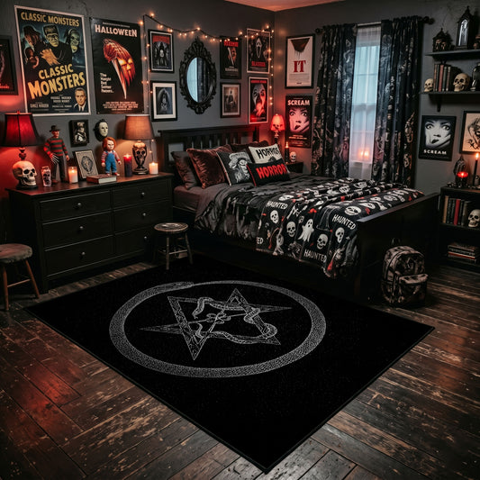 Circular Horned Star Area Rug shown beside a dark bed in a Halloween themed bedroom