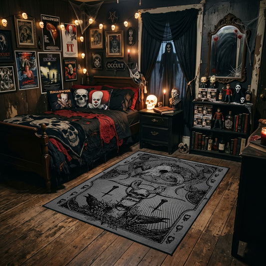 Vintage Occult Illustration Area Rug styled in a gothic bedroom with dark furniture