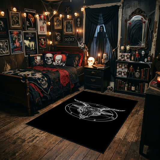 Minimal Horned Circle Area Rug styled in a gothic bedroom with dark furniture