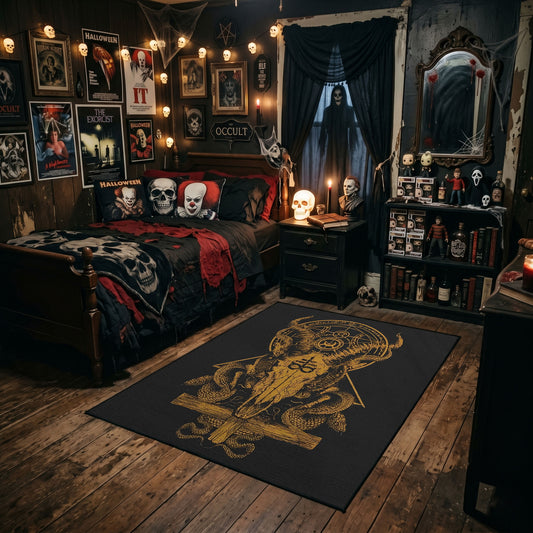 Golden Occult Figure Area Rug styled in a gothic bedroom with dark furniture