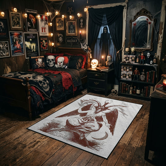 Crimson Winged Figure Area Rug styled in a gothic bedroom with dark furniture