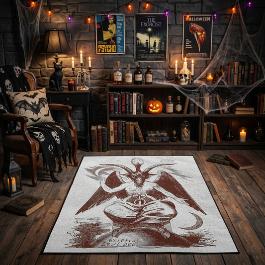 Crimson Winged Figure Area Rug front view in a warm candlelit room