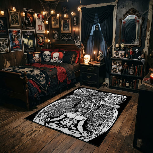 Hanging Skeleton Tarot Area Rug styled in a gothic bedroom with dark furniture