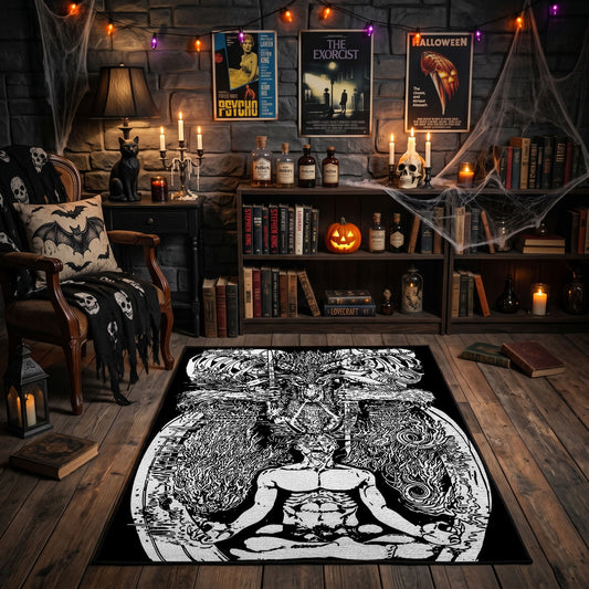 Hanging Skeleton Tarot Area Rug front view in a warm candlelit room