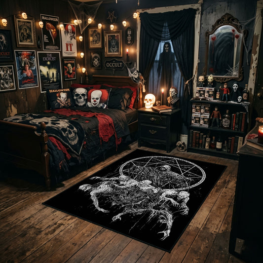 Horned Skull Moon Area Rug styled in a gothic bedroom with dark furniture