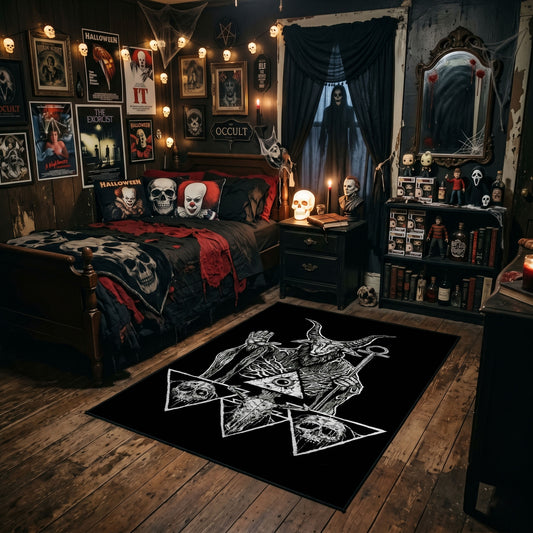 Goat Star Tarot Area Rug styled in a gothic bedroom with dark furniture