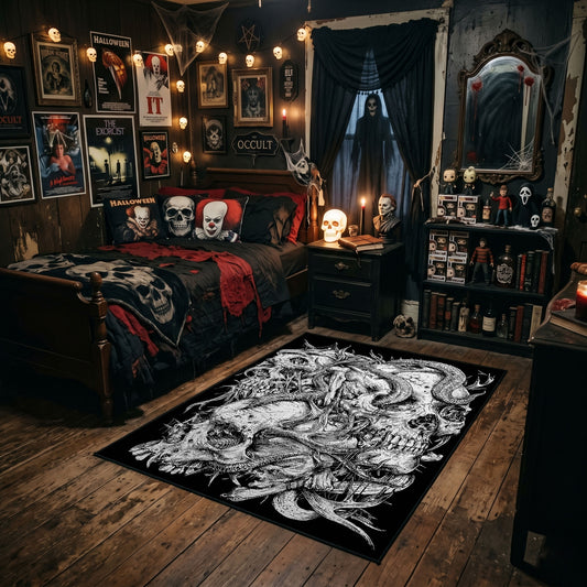 Ornate Skull Serpent Area Rug styled in a gothic bedroom with dark furniture