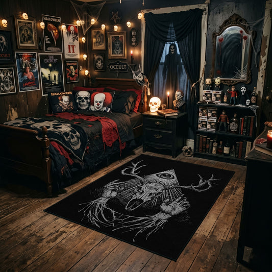 Antlered Skull Crescent Area Rug styled in a gothic bedroom with dark furniture