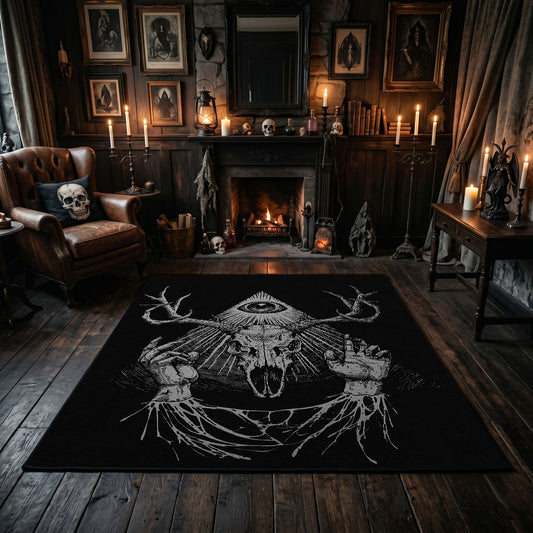Antlered Skull Crescent Area Rug displayed beside red accented shelving