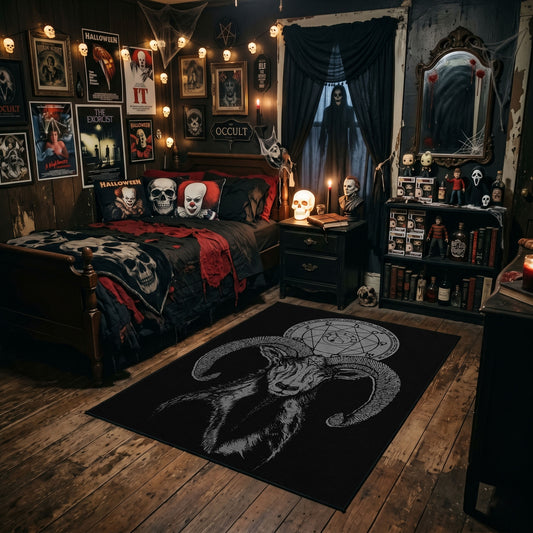 Plague Mask Figure Area Rug styled in a gothic bedroom with dark furniture