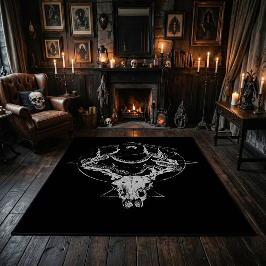 Minimal Horned Skull Emblem Area Rug centered in a moody living room
