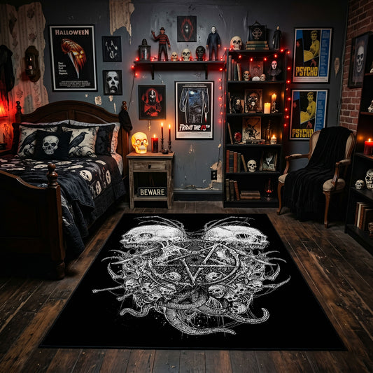 Twin Horned Skulls Occult Area Rug displayed beneath framed wall art