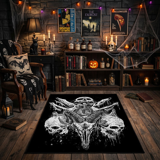 Bull Skull Blackwork Area Rug front view near a fireplace
