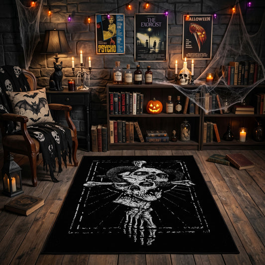 Hooded Reaper Skeleton Area Rug front view near a fireplace