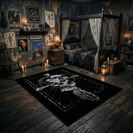 Hooded Reaper Skeleton Area Rug angled view with dark furniture