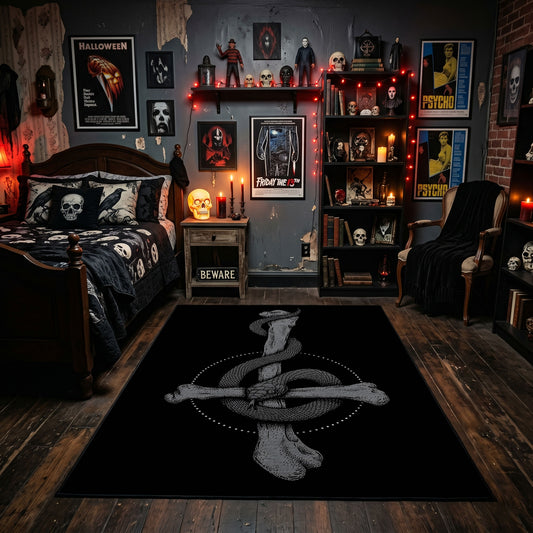 Serpent Sword Emblem Area Rug displayed beneath framed wall art