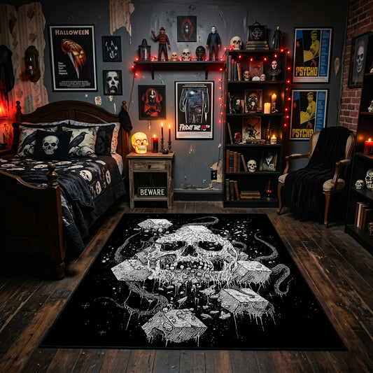 Skull Mushroom Garden Area Rug displayed beneath framed wall art