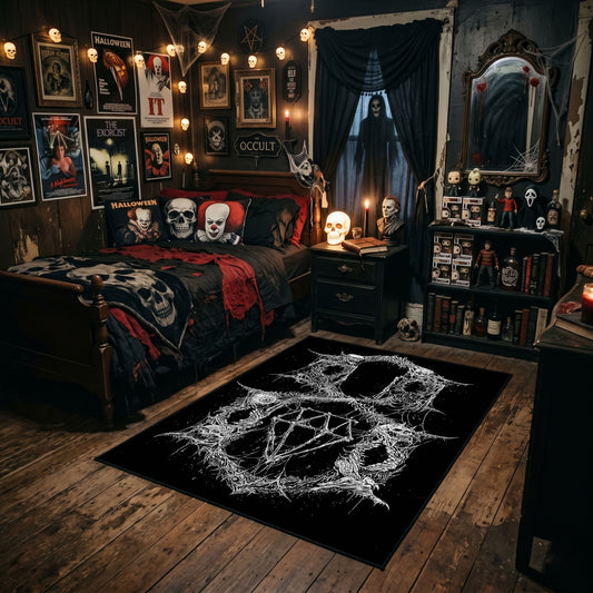 Pentagram Goat Skull Area Rug styled in a gothic bedroom