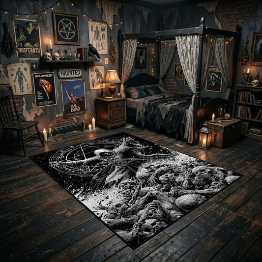 Tentacled Sea Monster Area Rug angled view with dark furniture