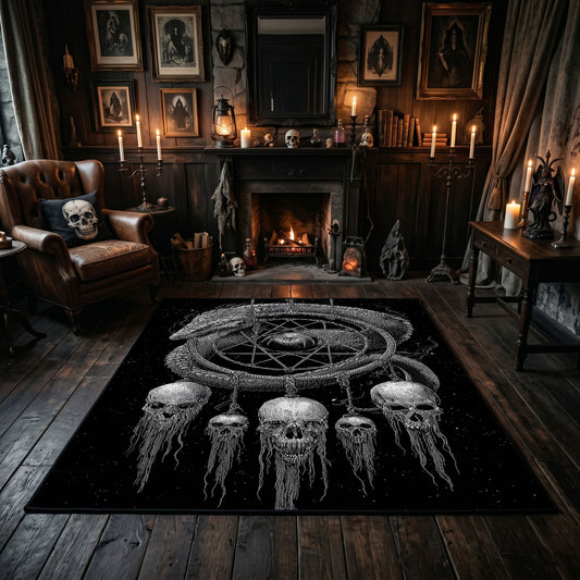 Skull Dreamcatcher Area Rug centered in a moody living room