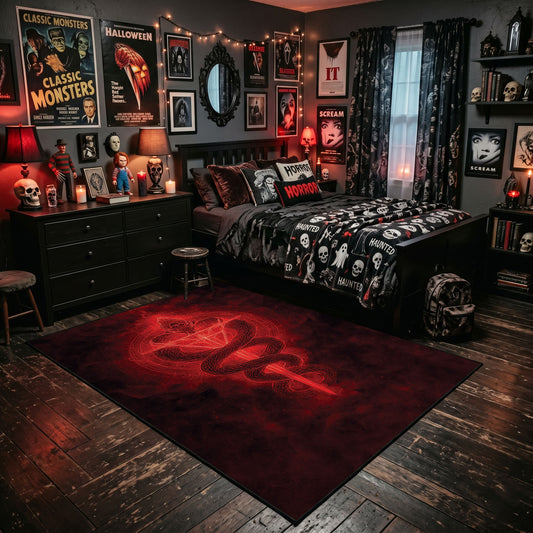 Red Occult Serpent Sigil Area Rug displayed beside a decorated bed