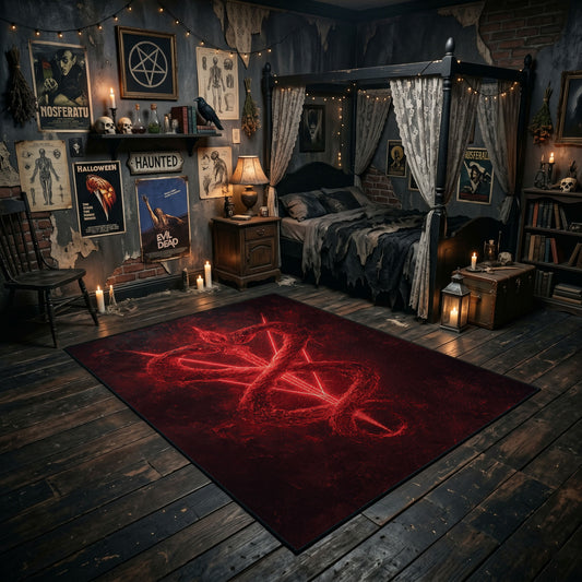 Red Inverted Pentagram Area Rug angled view with dark furniture