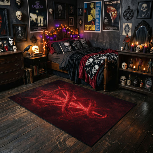 Red Inverted Pentagram Area Rug styled with red Halloween accents