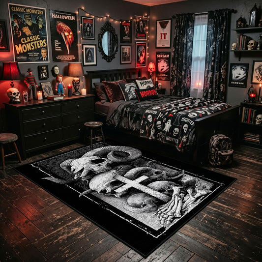 Mushroom Skull Totem Area Rug displayed beside a decorated bed