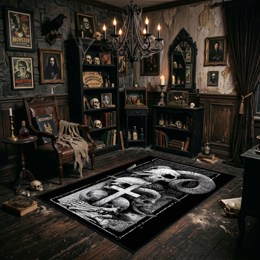 Mushroom Skull Totem Area Rug shown with vintage gothic decor