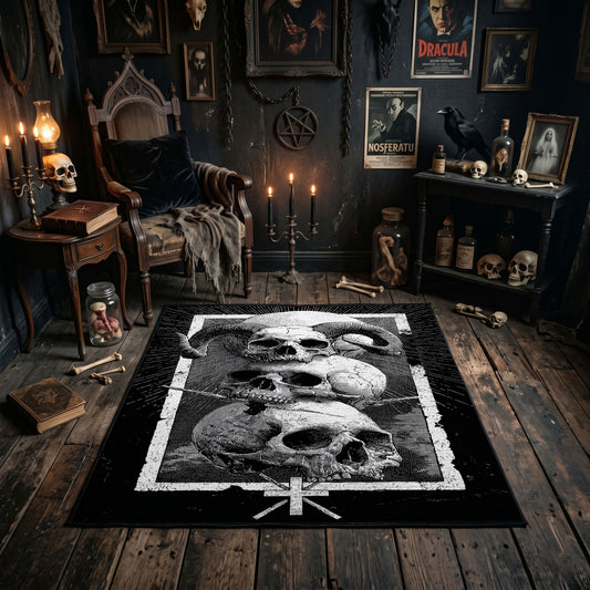 Skull Mushroom Altar Area Rug shown in a candlelit dark room