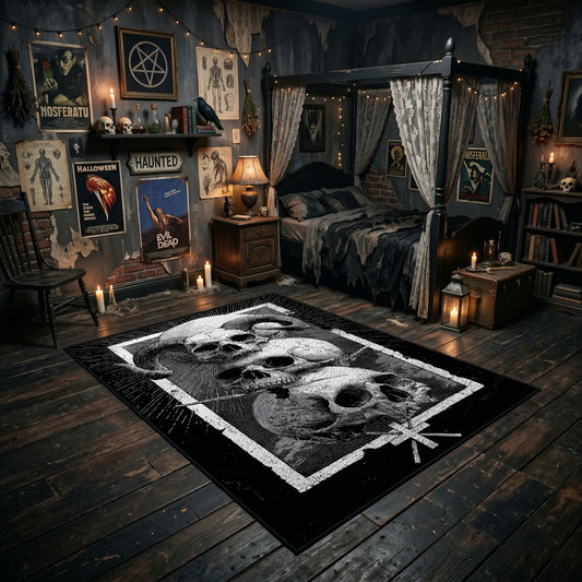 Skull Mushroom Altar Area Rug angled view with dark furniture