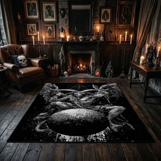 Black Spider Occult Area Rug centered in a moody living room