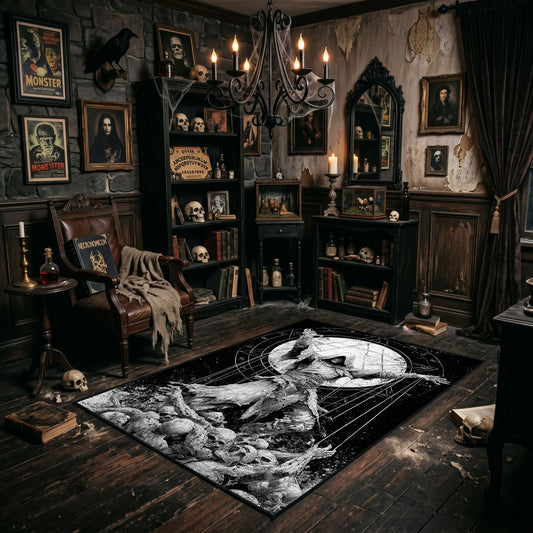 Horned Owl Forest Area Rug shown with vintage gothic decor