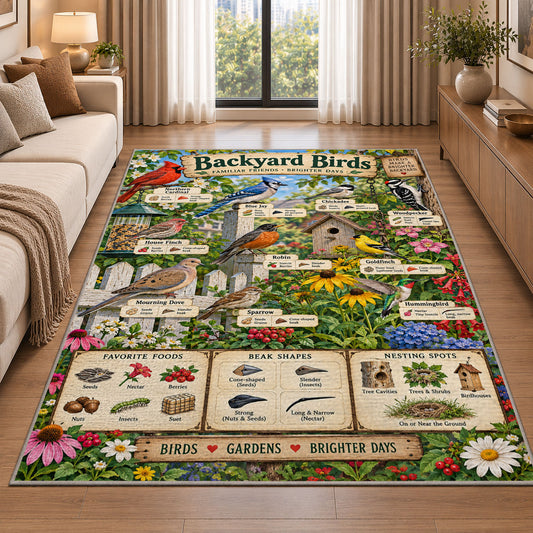 Backyard Birds Garden Guide Rug shown beside a sofa in a bright living room