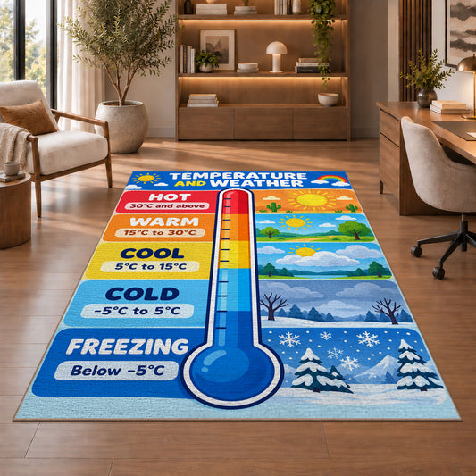 Temperature and Weather Chart Rug shown beside a lounge chair and wooden shelving