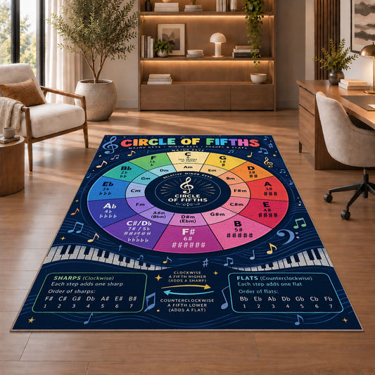 Circle of Fifths Music Theory Rug shown beside a lounge chair and wooden shelving