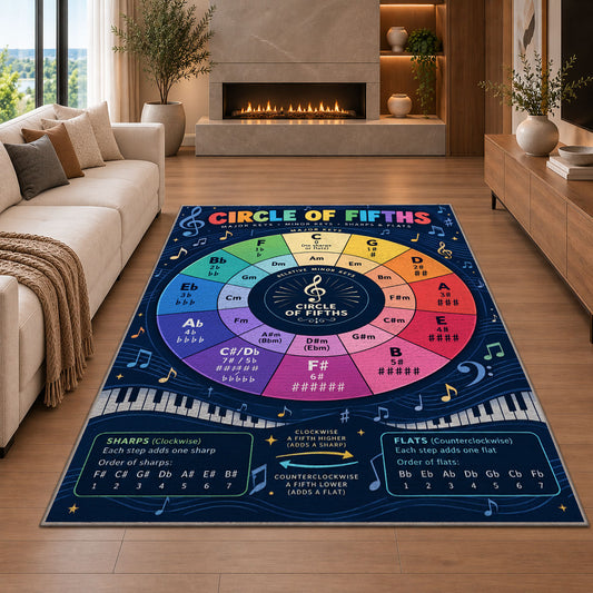 Circle of Fifths Music Theory Rug shown in a living room with a fireplace