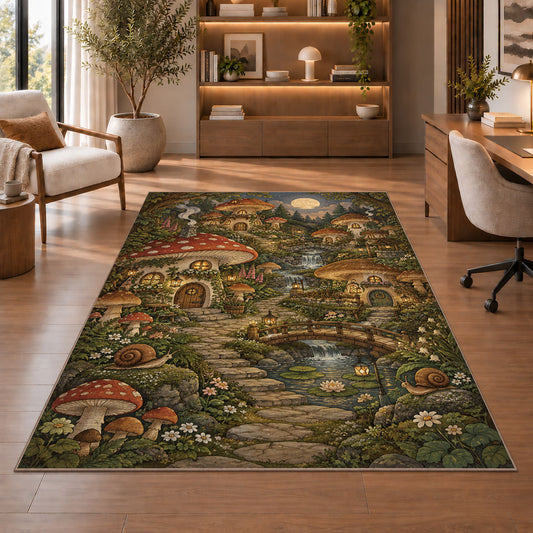Enchanted Mushroom Village Rug shown beside a lounge chair and wooden shelving