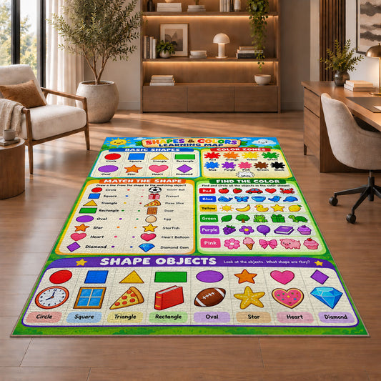 Shapes and Colors Activity Rug shown beside a lounge chair and wooden shelving