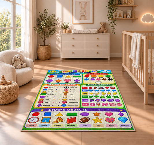 Shapes and Colors Activity Rug shown in a sunlit nursery beside a white cot