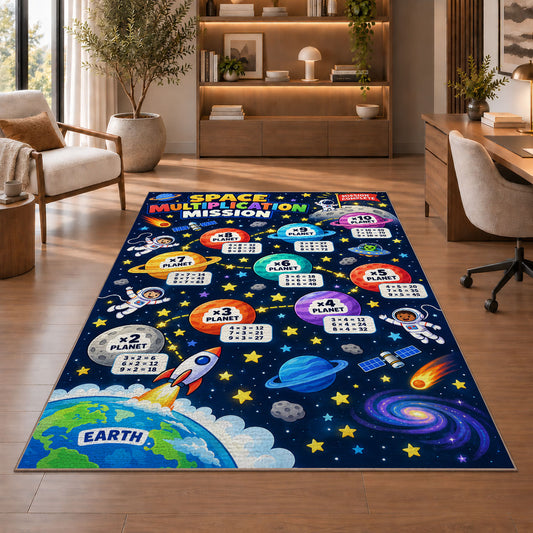 Space Multiplication Mission Rug shown beside a lounge chair and wooden shelving