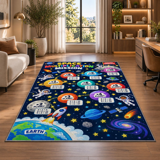 Space Multiplication Mission Rug shown near large windows and a sofa
