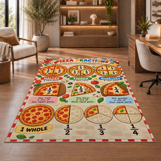 Pizza Slice Fraction Guide Rug shown beside a lounge chair and wooden shelving