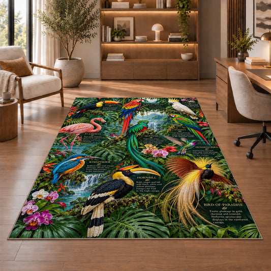 Tropical Birds Jungle Rug shown beside a lounge chair and wooden shelving