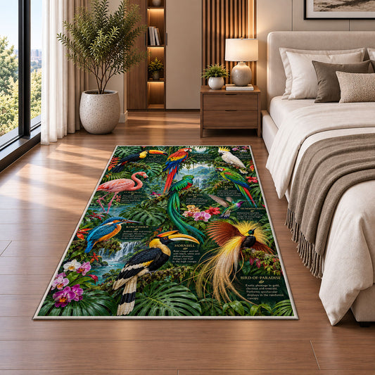 Tropical Birds Jungle Rug shown beside a bed with neutral bedding