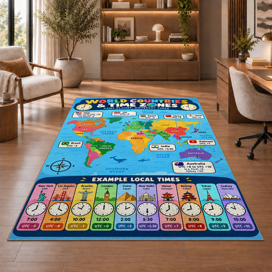 World Countries and Time Zones Rug shown beside a lounge chair and wooden shelving
