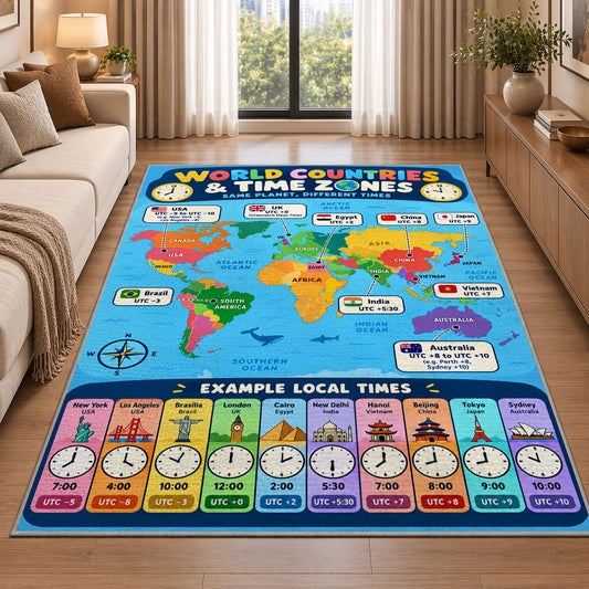 World Countries and Time Zones Rug shown beside a sofa in a bright living room