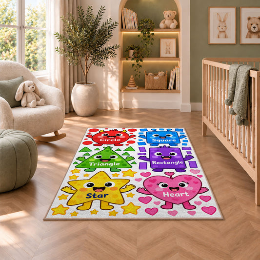 Smiling Shapes Preschool Rug shown in a nursery with a cot and soft toys
